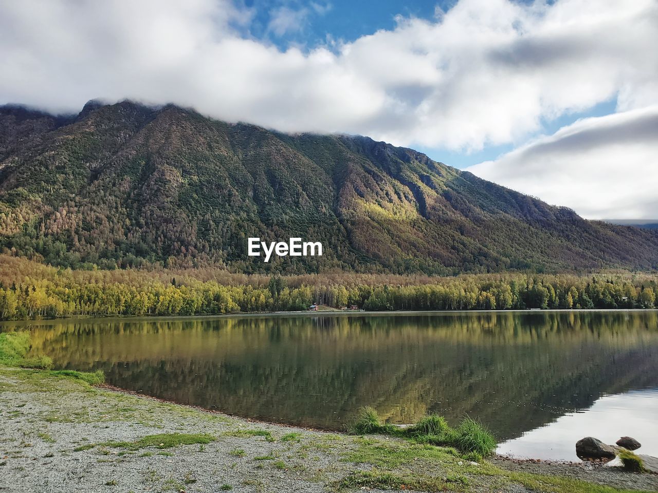 Scenic view of lake and mountains against sky