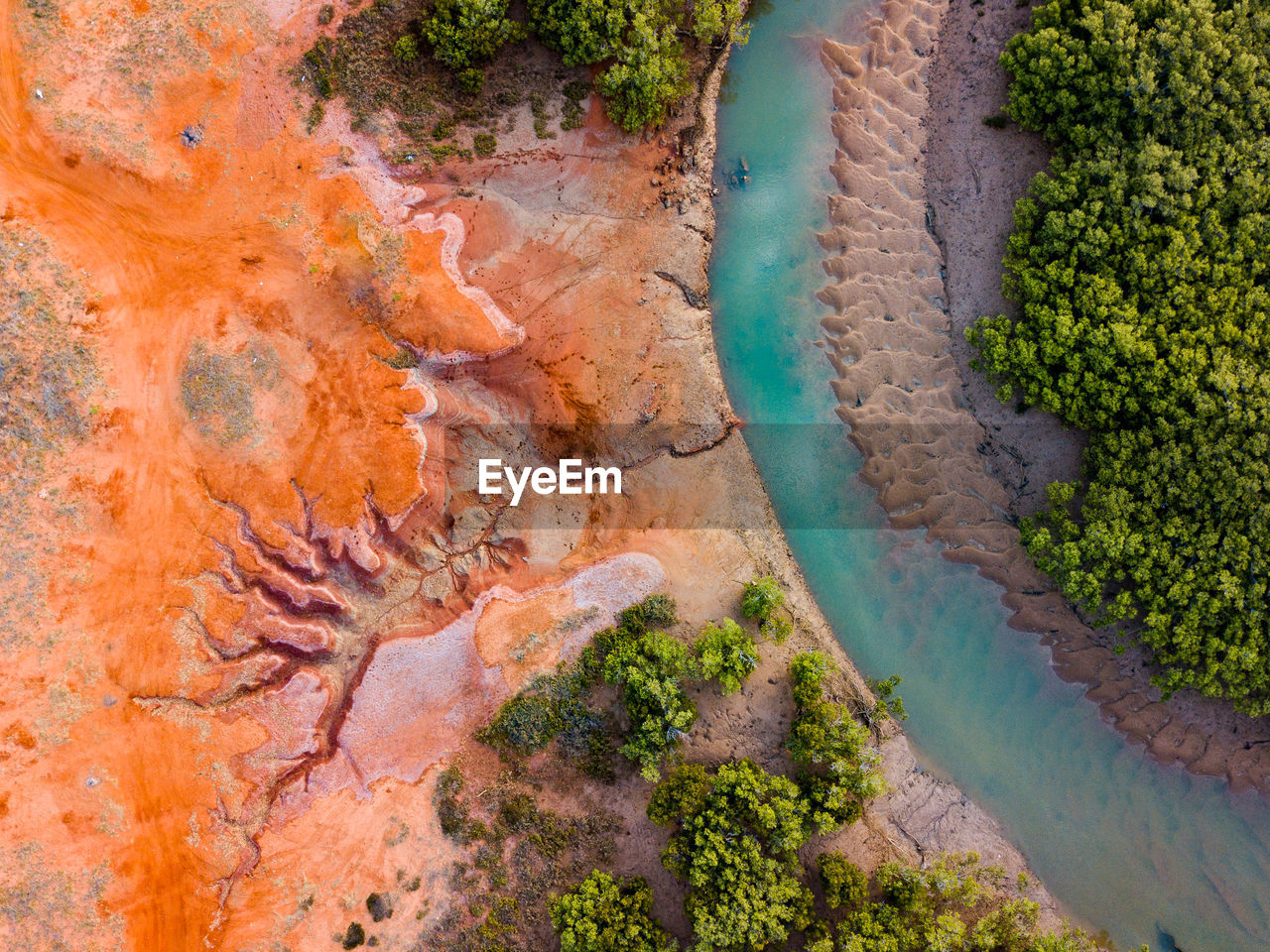 Aerial view of river by dramatic landscape