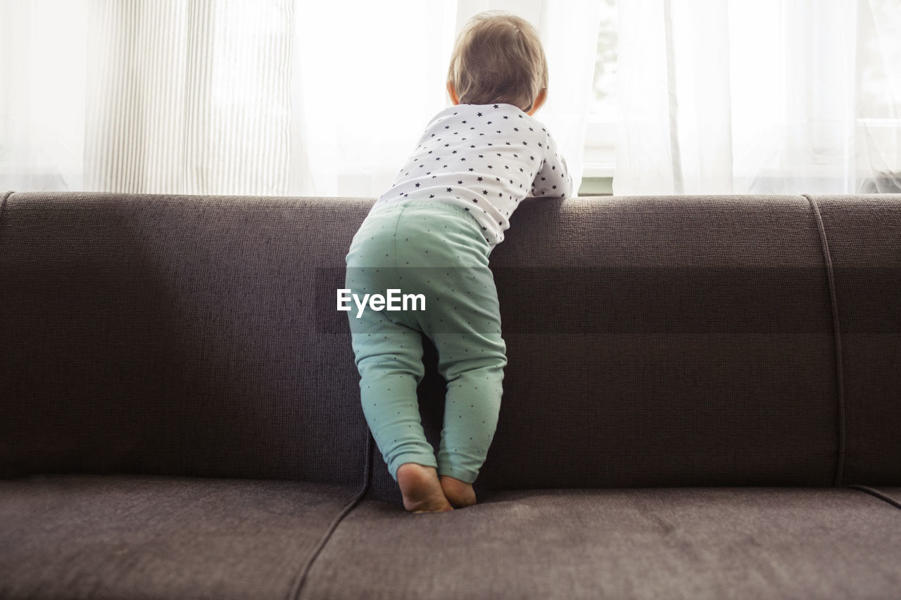 Rear view of baby girl looking through window while standing on sofa at home