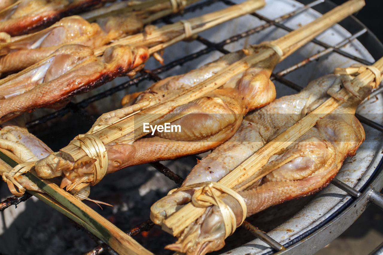 Close-up of meat on barbecue