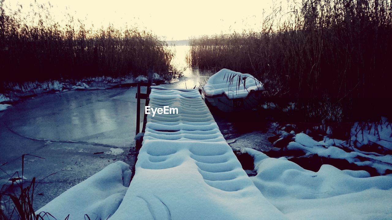 SCENIC VIEW OF FROZEN LAKE AGAINST SKY