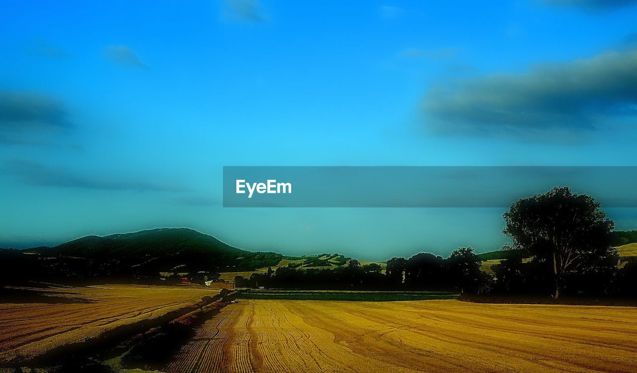 ROAD AMIDST FIELD AGAINST BLUE SKY