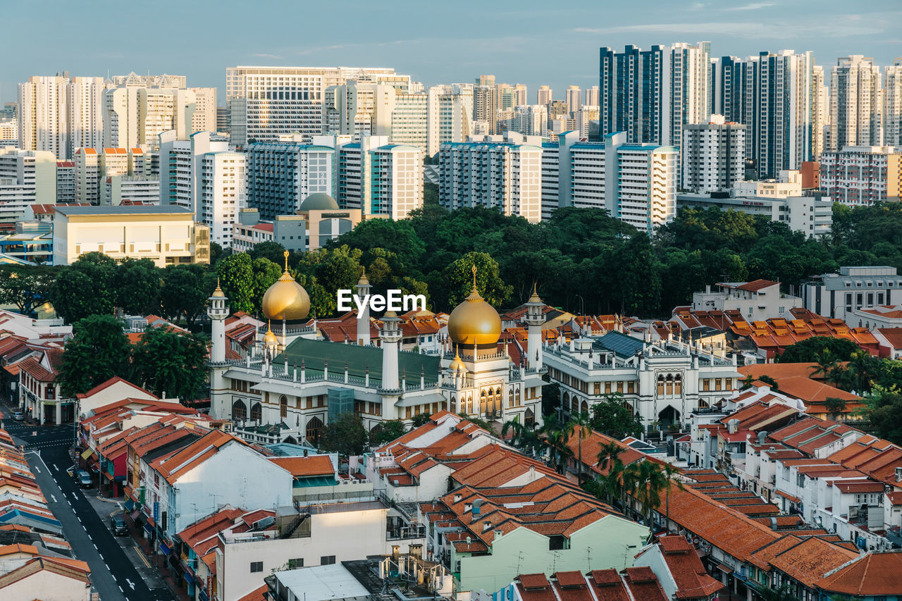 High angle view of townscape against sky, kampong glam, singapore