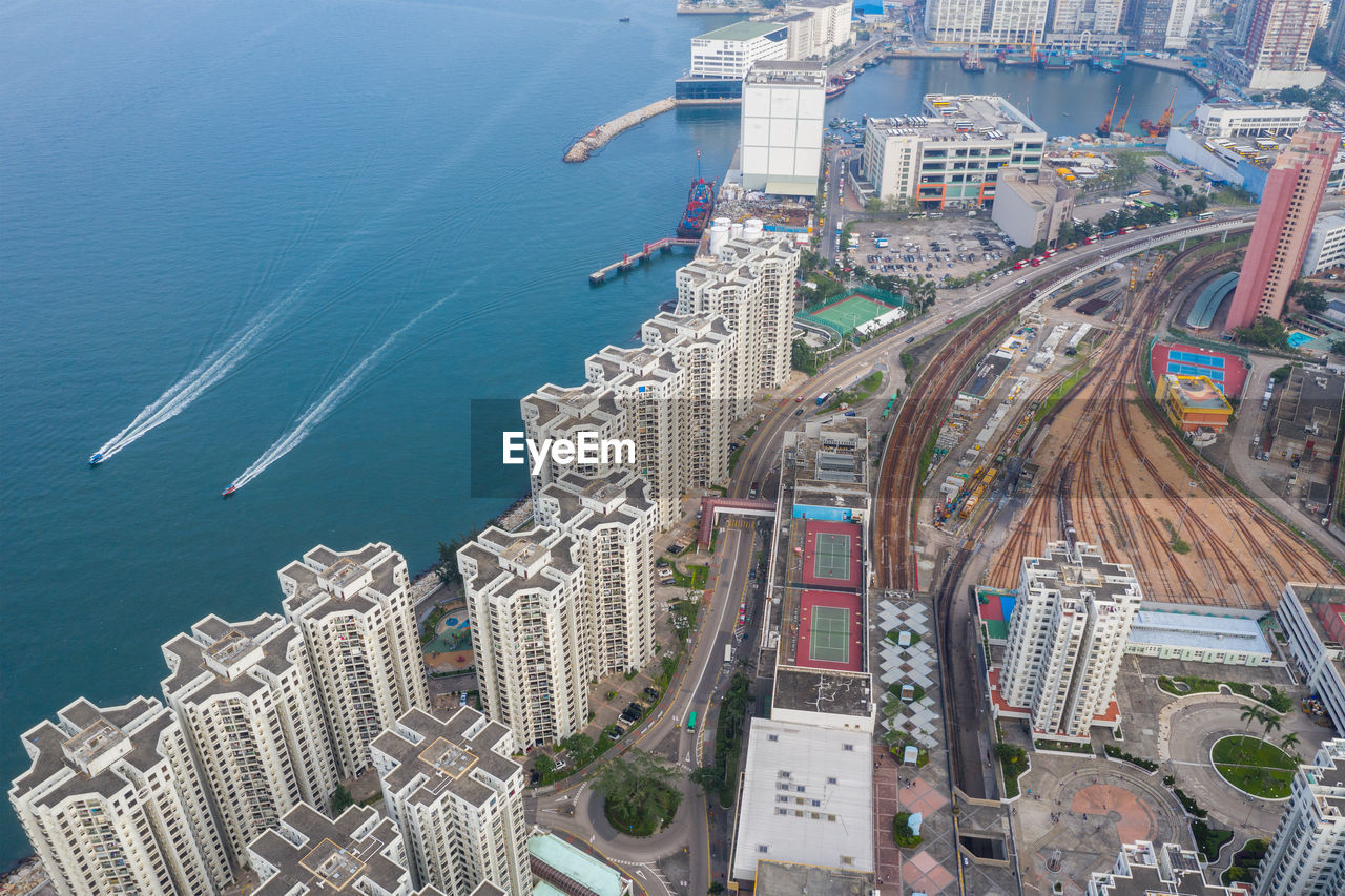 High angle view of buildings in city