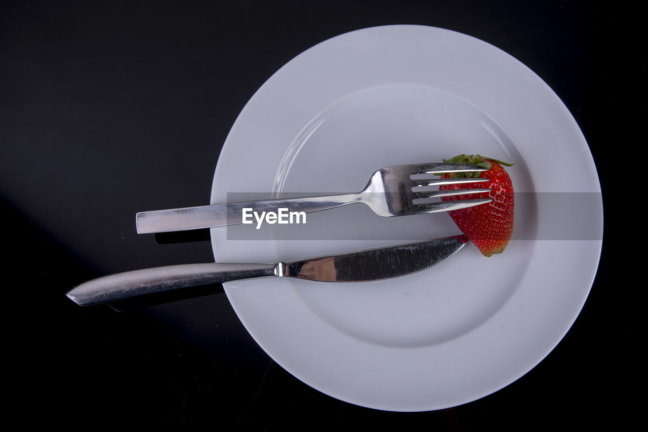 HIGH ANGLE VIEW OF PLATE AND FORK ON TABLE
