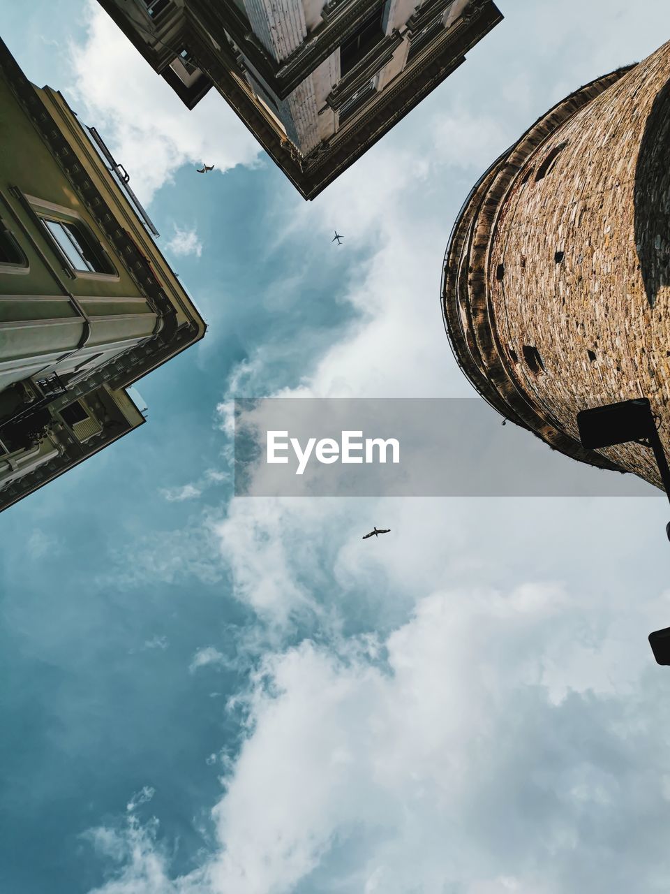 Low angle view of a bird flying amd historical buildings against sky at galata neighbourhood 