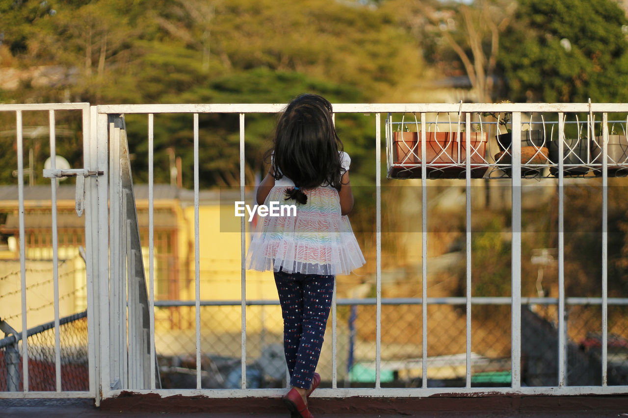 Rear view of girl standing by railing against trees