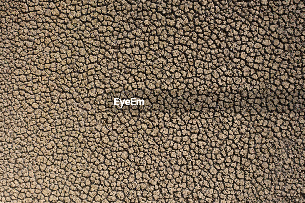 Aerial view dry and cracked earth in the reservoir at sau reservoir, catalonia