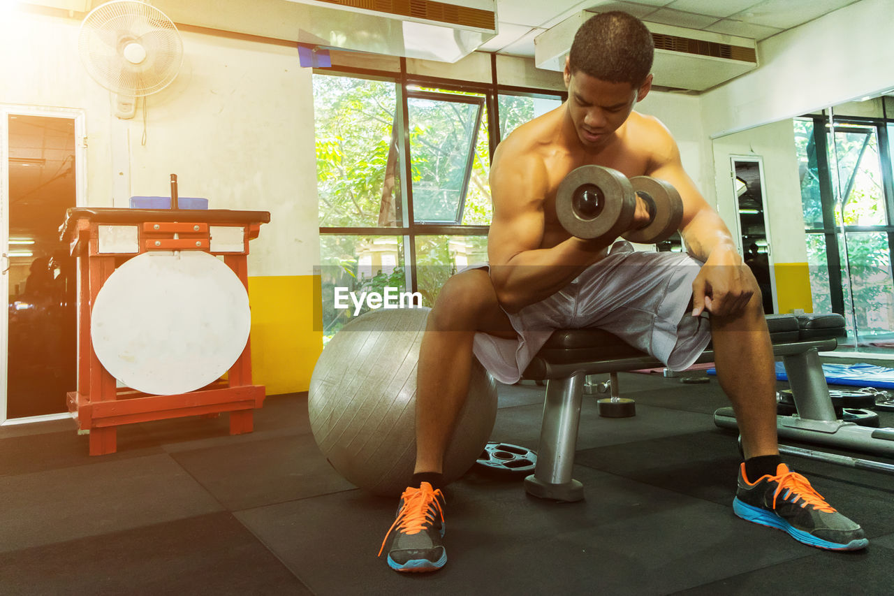 Shirtless muscular man lifting dumbbell while exercising at gym