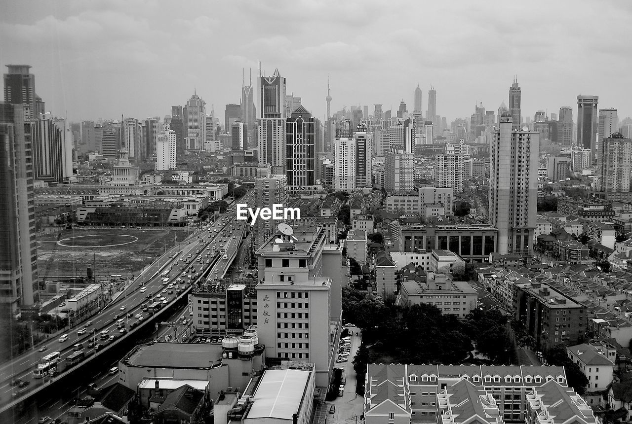 High angle view of modern buildings in city 