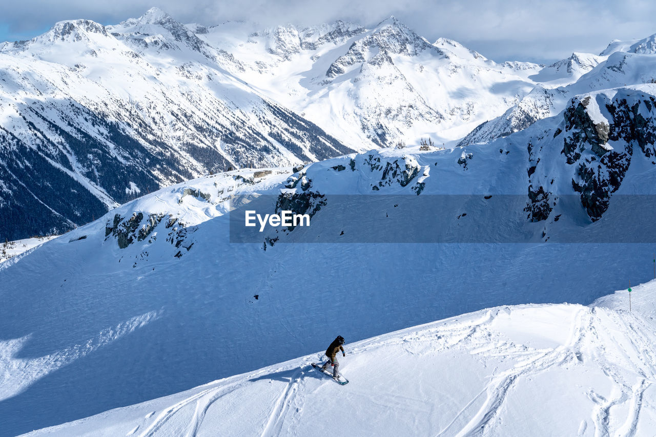 Aerial view of man skiing on snowcapped mountain