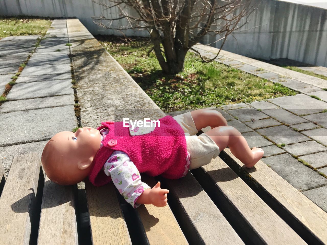 Doll on seat during sunny day