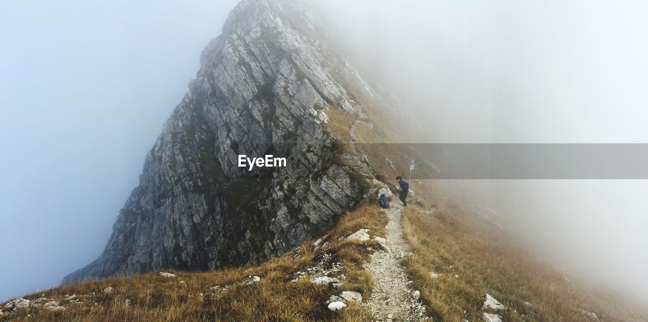 Scenic view of mountain during foggy weather