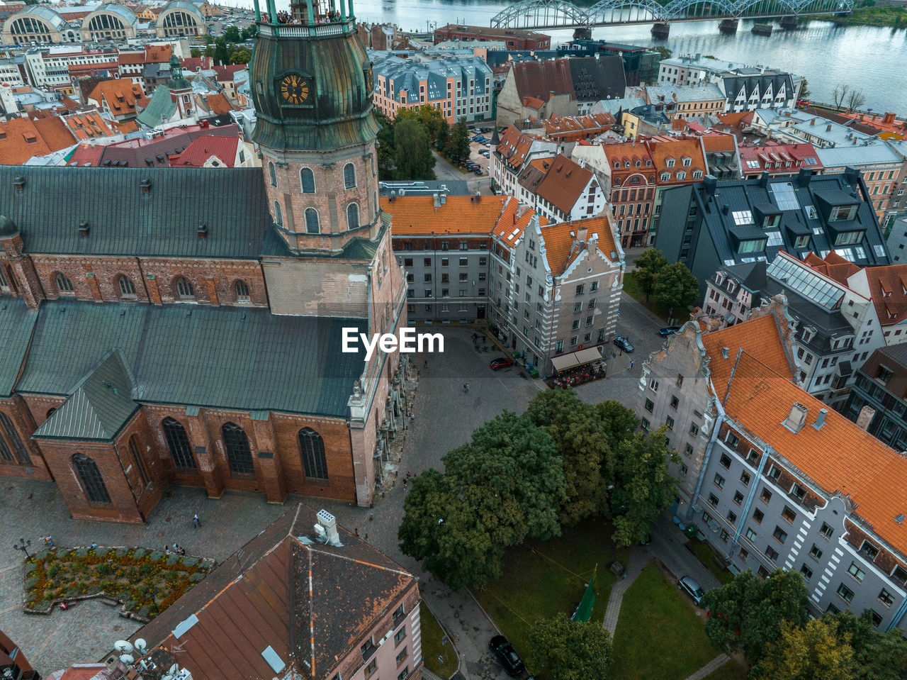 Establishing aerial bird eye view shot of riga, riga skyline, latvia.