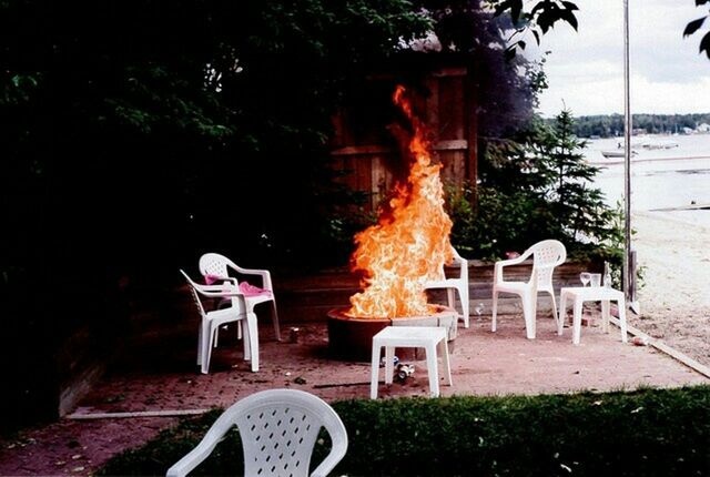 burning, flame, chair, no people, outdoors, heat - temperature, tree, fire pit, night, architecture, nature