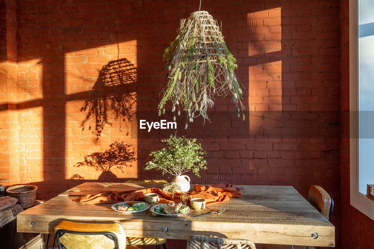 POTTED PLANT ON TABLE AGAINST WALL