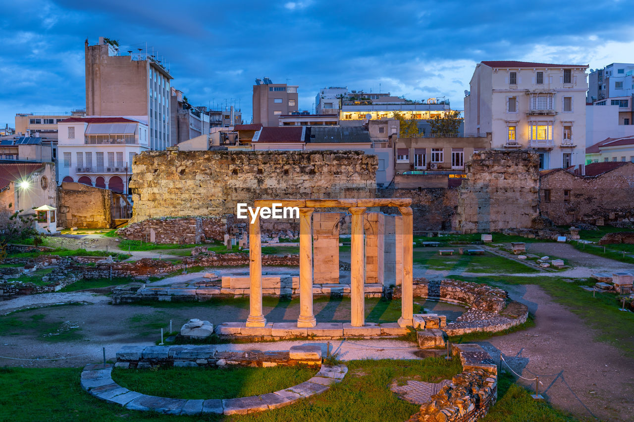 Remains of hadrian's library in the old town of athens, greece.