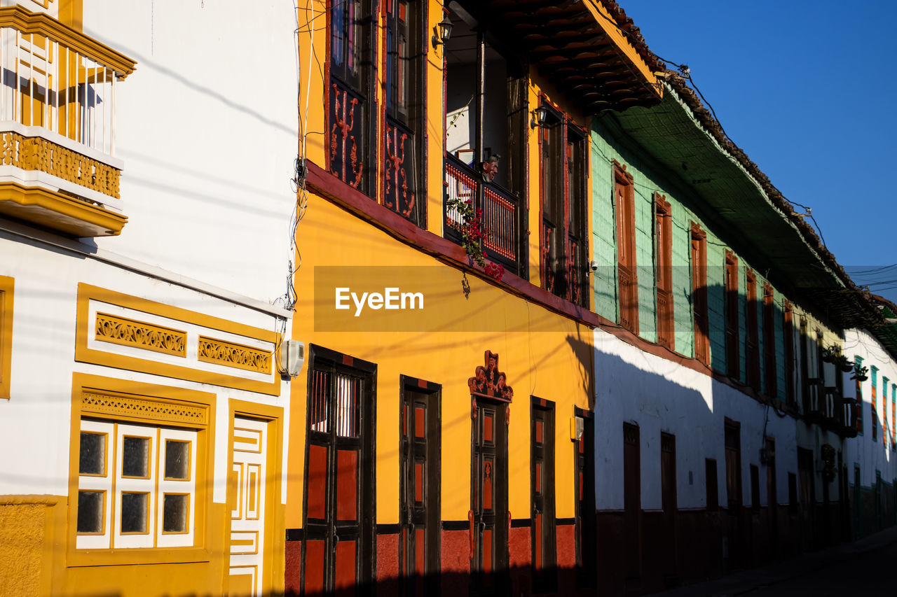 Beautiful facade of the houses at the historical downtown of the heritage town of salamina