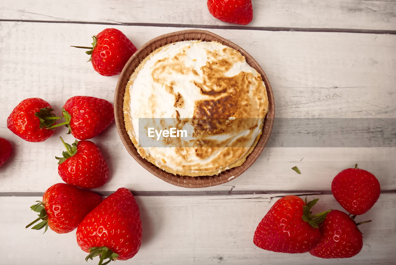 food and drink, food, strawberry, berry, fruit, healthy eating, freshness, dessert, red, produce, wellbeing, indoors, plant, wood, breakfast, sweet food, studio shot, dish, directly above, sweet, no people, meal, table, still life, dairy, bowl, high angle view