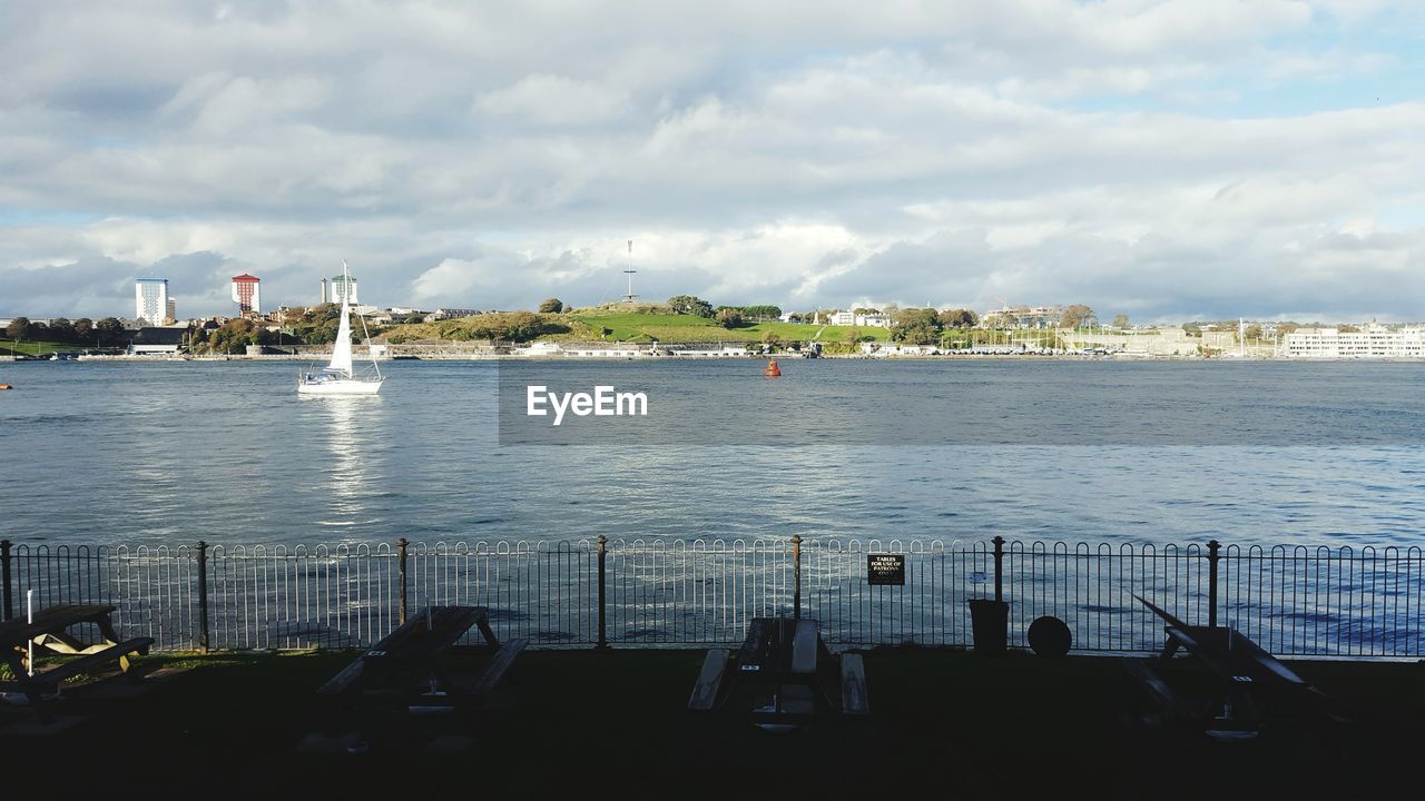 View of city at waterfront against cloudy sky