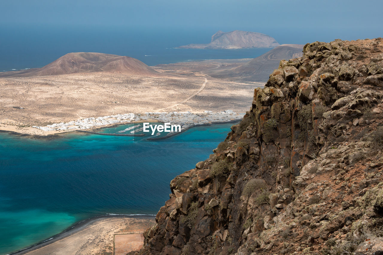 Aerial view of sea and mountain against sky