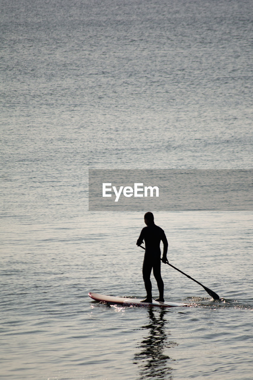 Silhouette man paddleboarding in sea