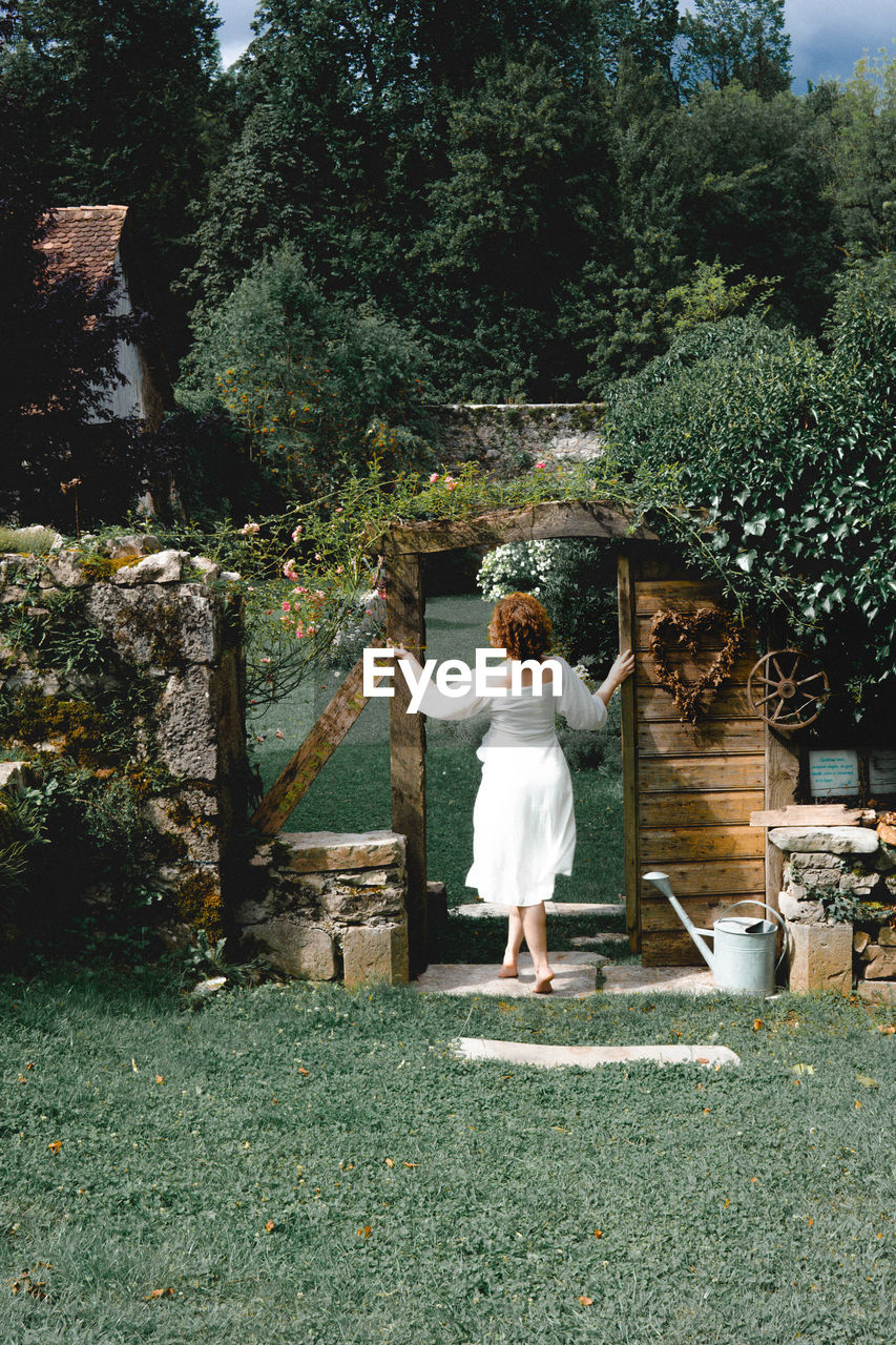 Rear view of woman standing against trees in garden 