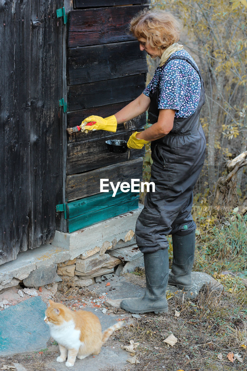 A woman varnishing old bark and a cat