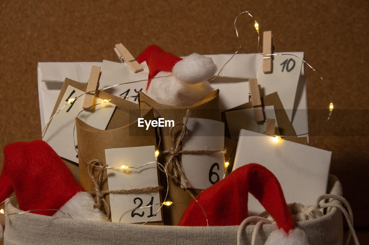 high angle view of christmas decorations on table