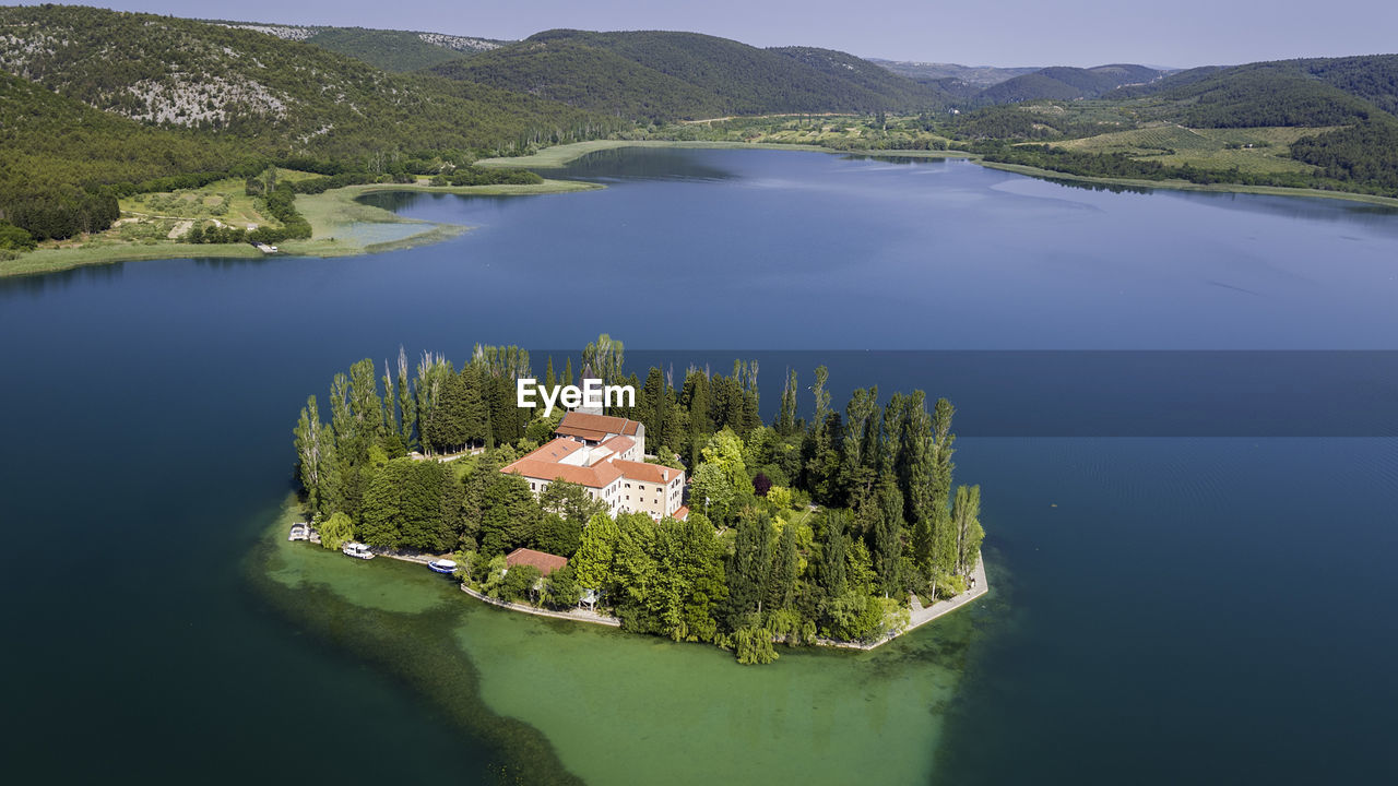 Aerial view of the visovac island with monastery on krka river