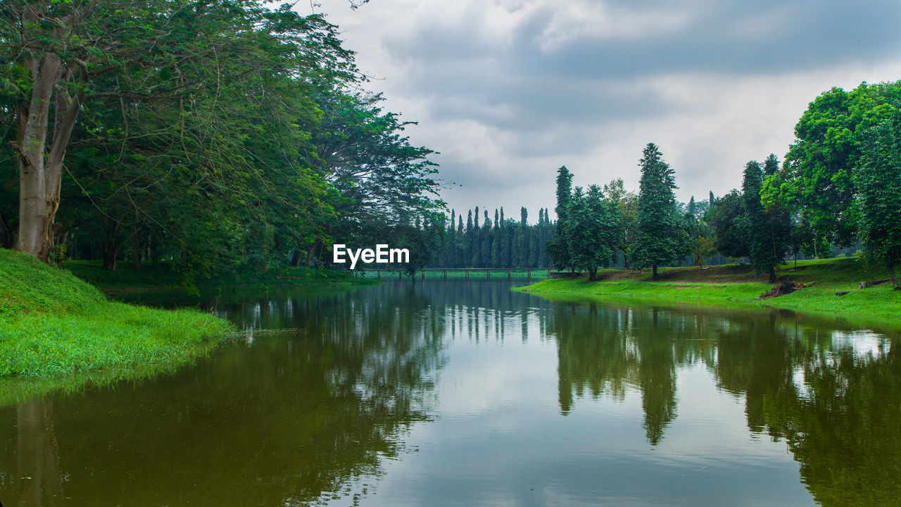 Scenic view of lake against sky. golf course