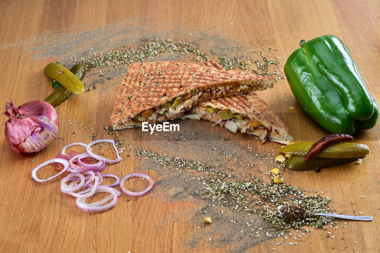 Close-up of wheat panini on table