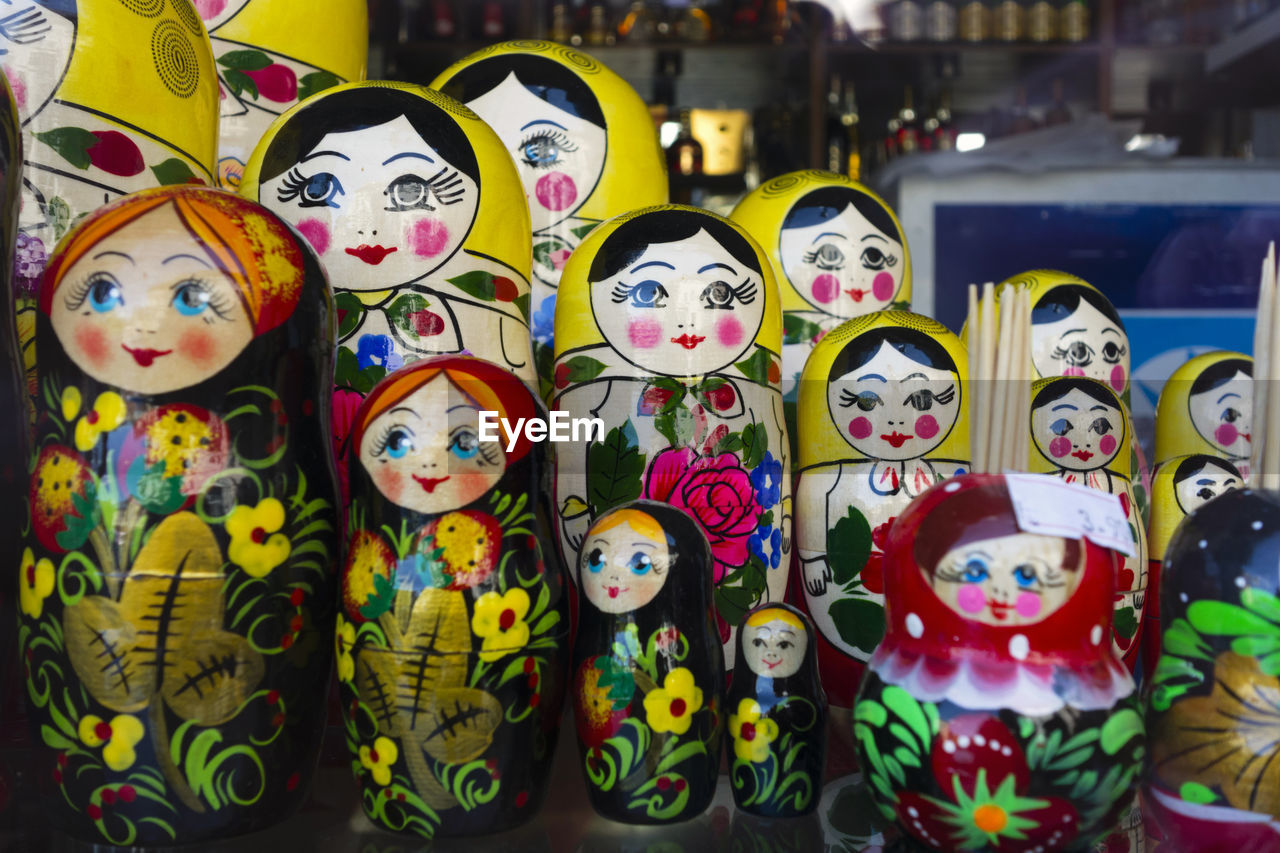 Close-up of russian nesting dolls for sale at market stall