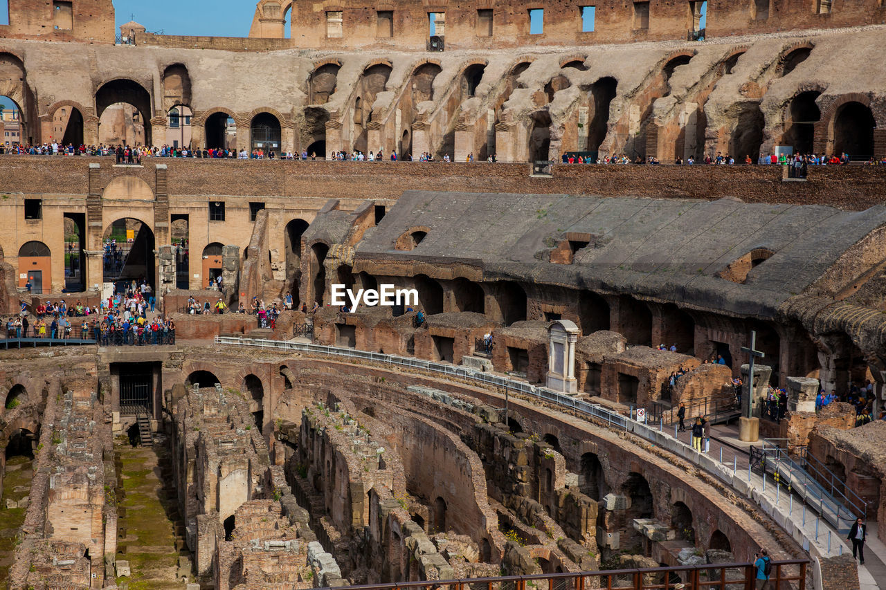 View of the seating areas and the hypogeum of the ancient colosseum in rome