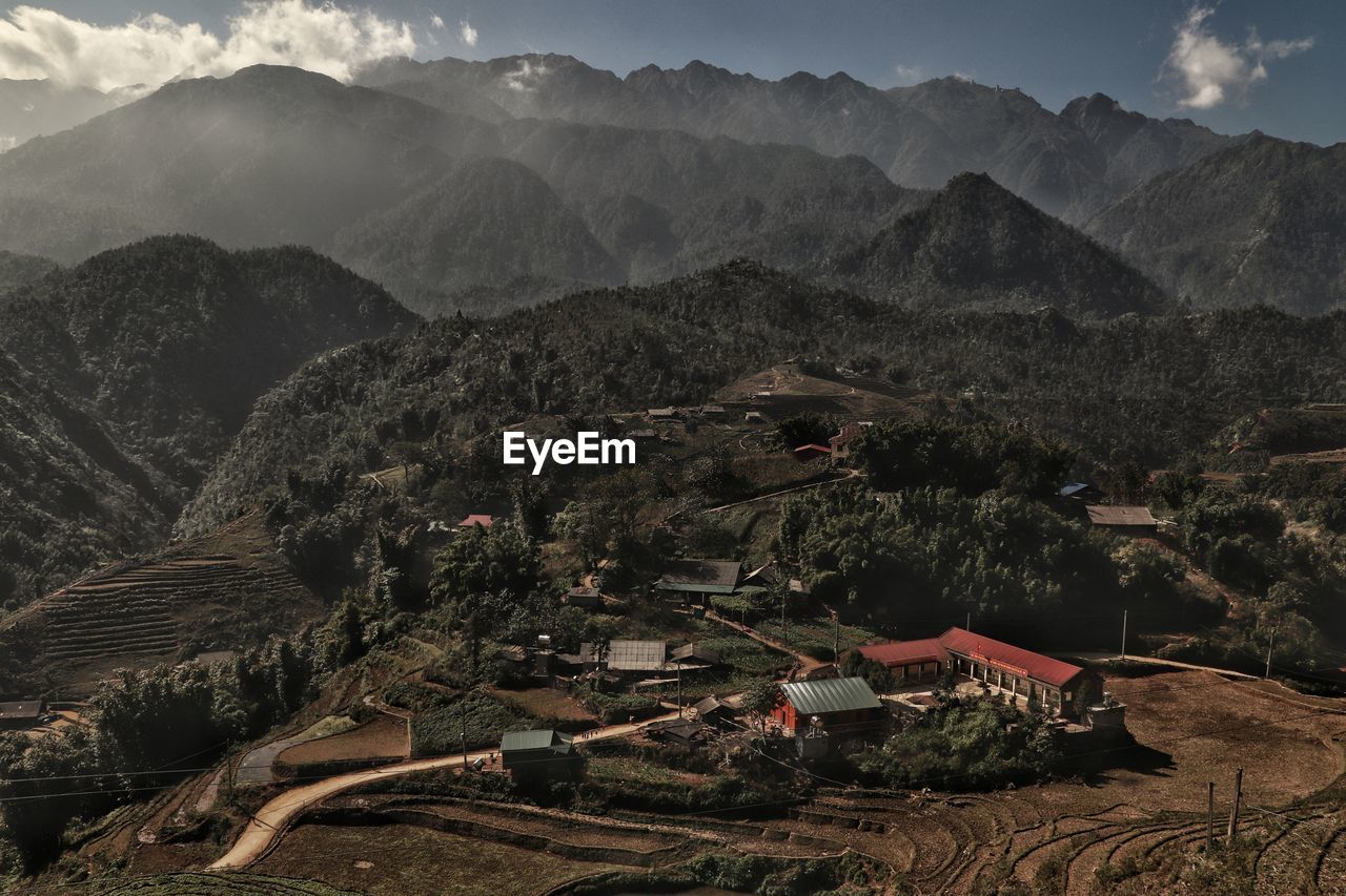 High angle view of buildings and mountains against sky in sapa