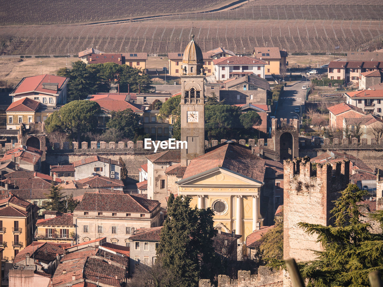 High angle view of buildings in town