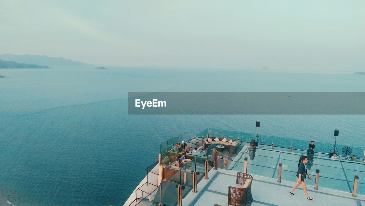 High angle view of boat deck against sea