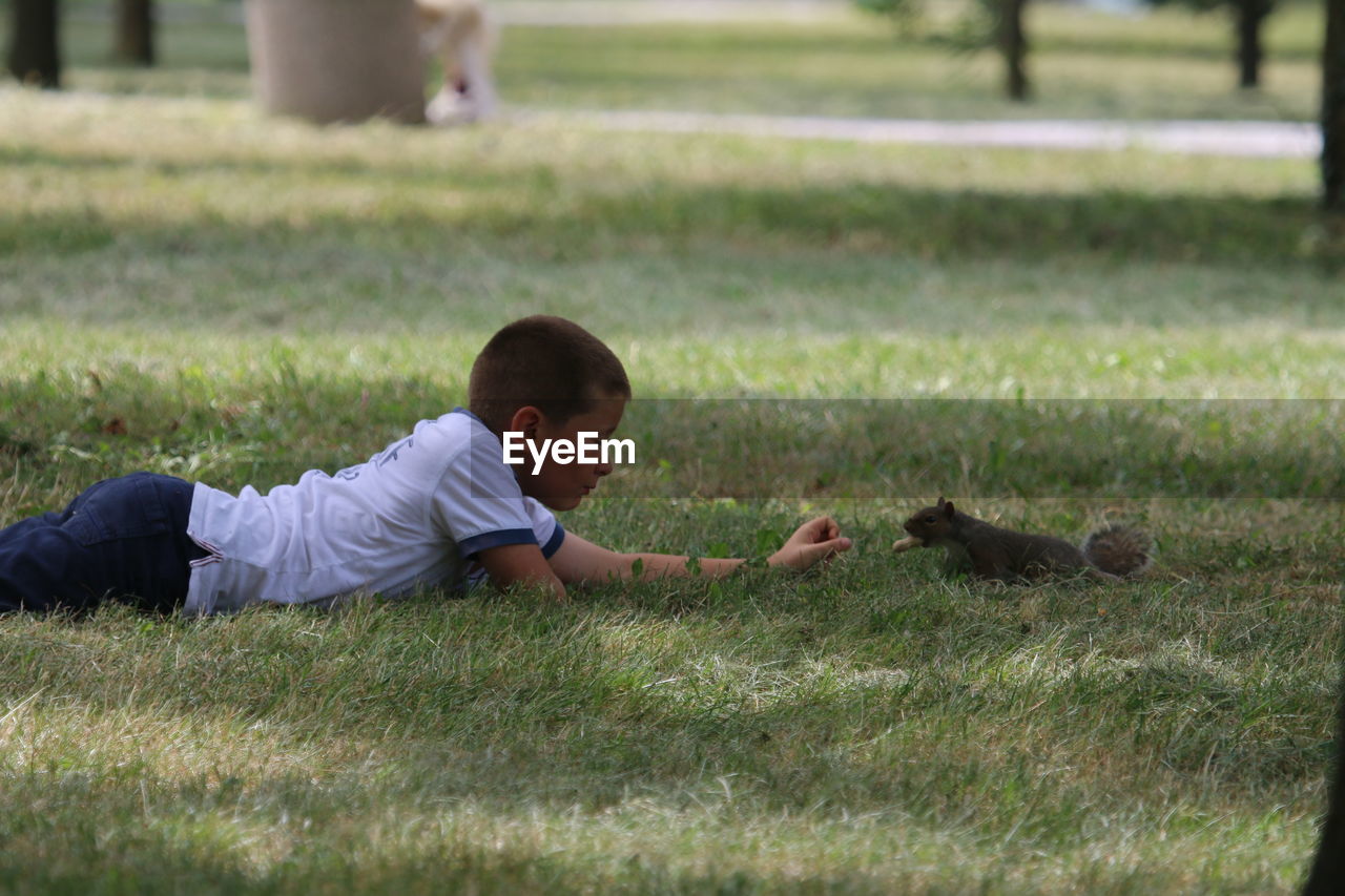 Low section of child sitting on grass with squirrel