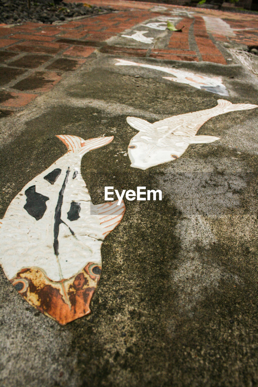 HIGH ANGLE VIEW OF ROAD SIGN ON FOOTPATH