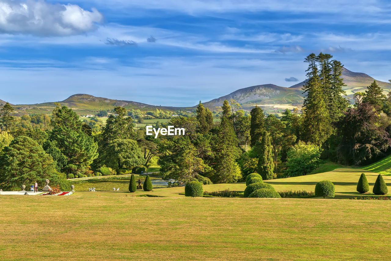 View of old long hill in wicklow mountains from powerscourt park, ireland