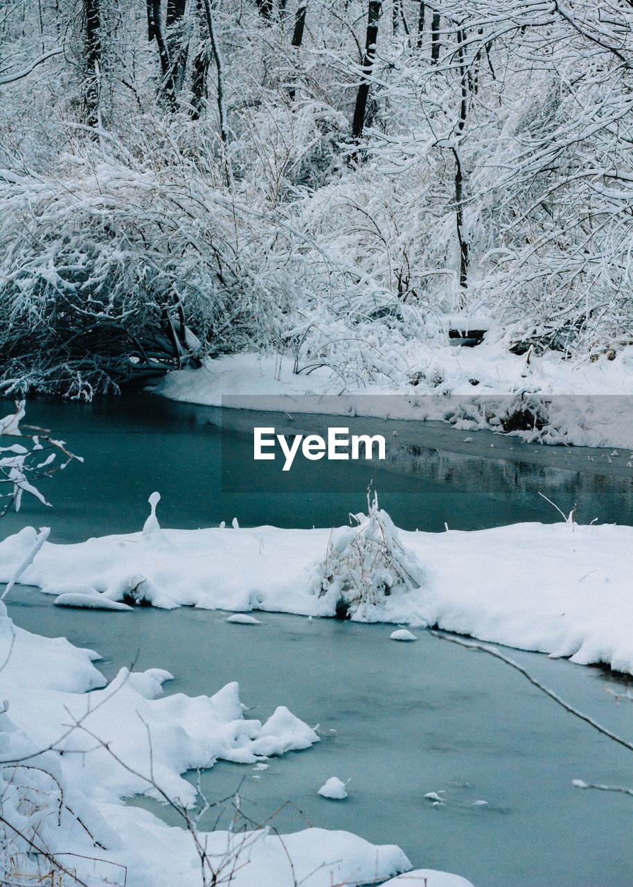 Close-up of snow on water against sky