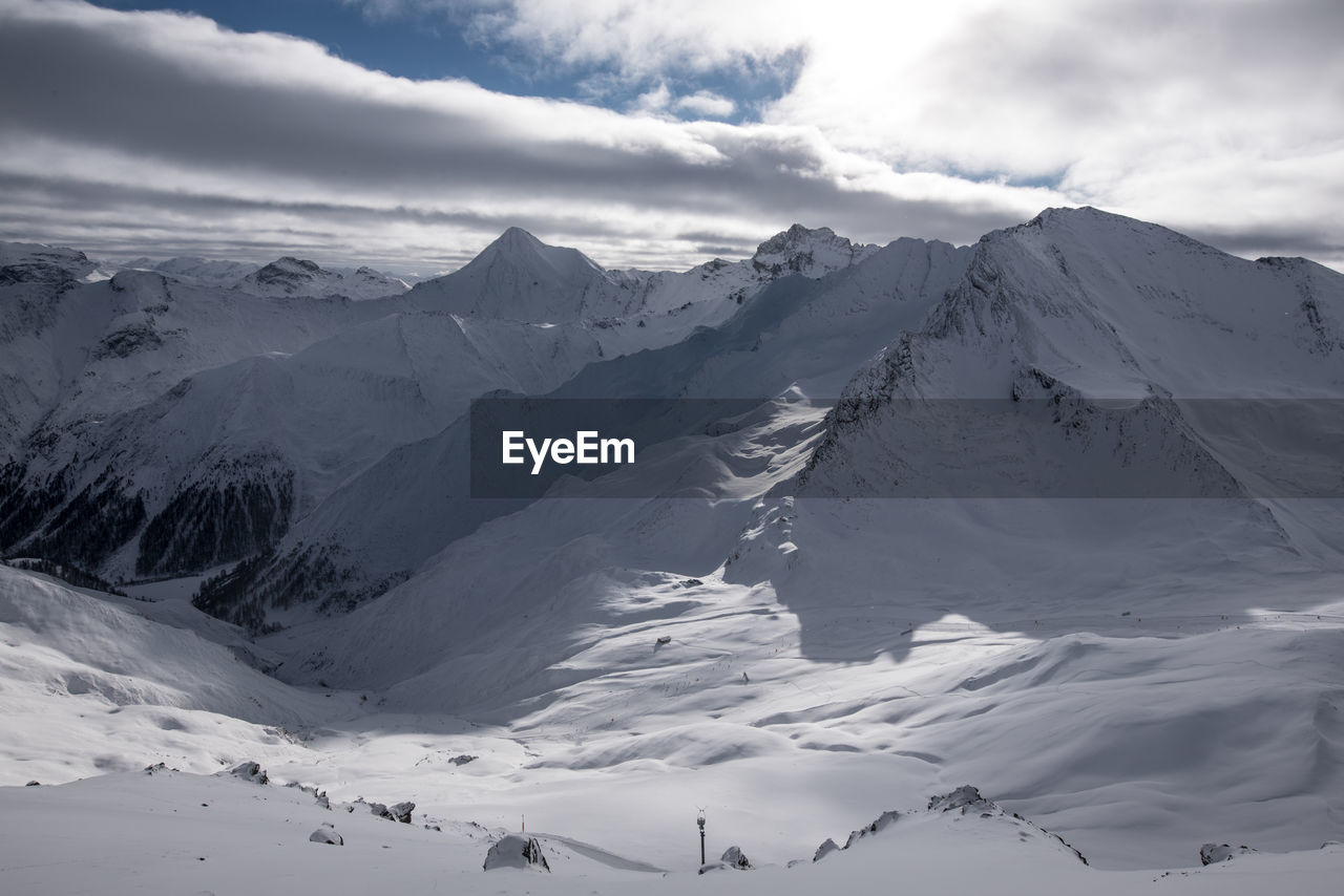 Scenic view of snow covered mountains against cloudy sky