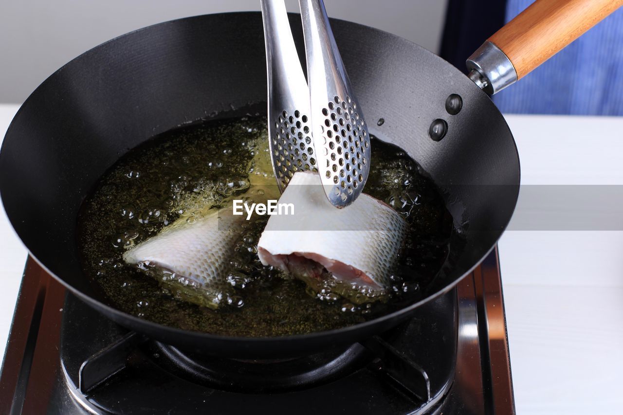 high angle view of utensil on stove
