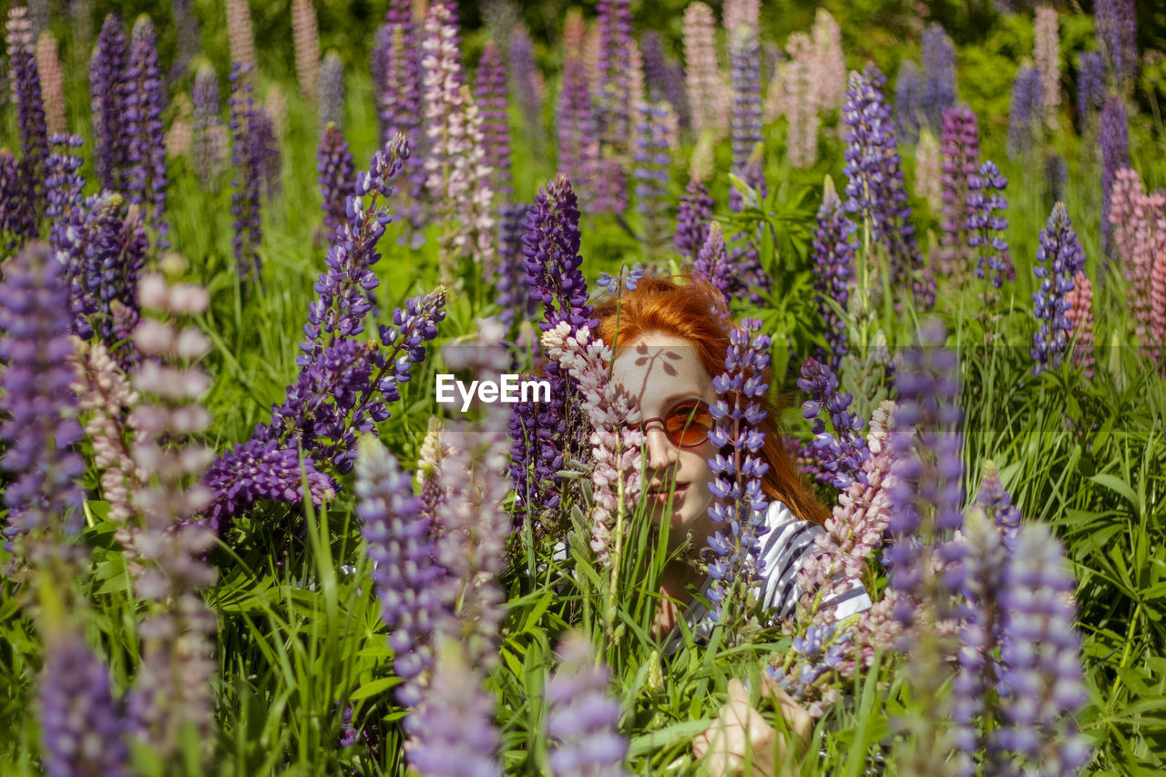 Beautiful young woman in the field of lupins