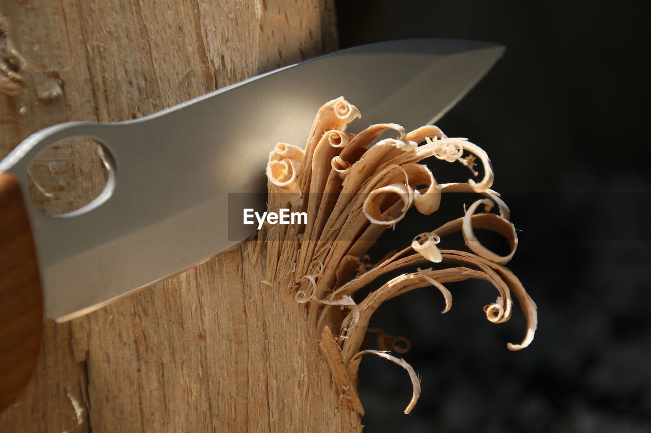 Close-up of knife with wood shavings