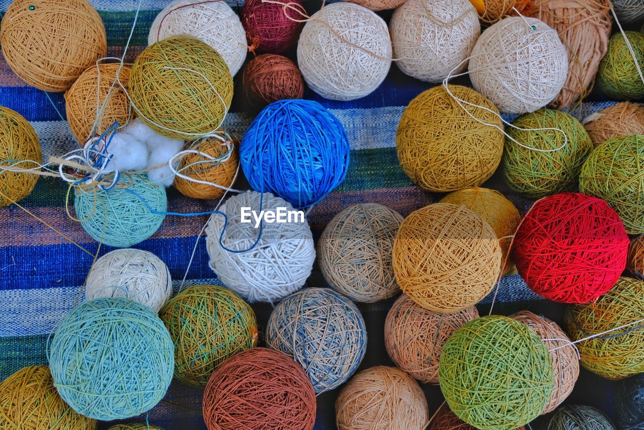 Full frame shot of colorful woolen balls for sale at market