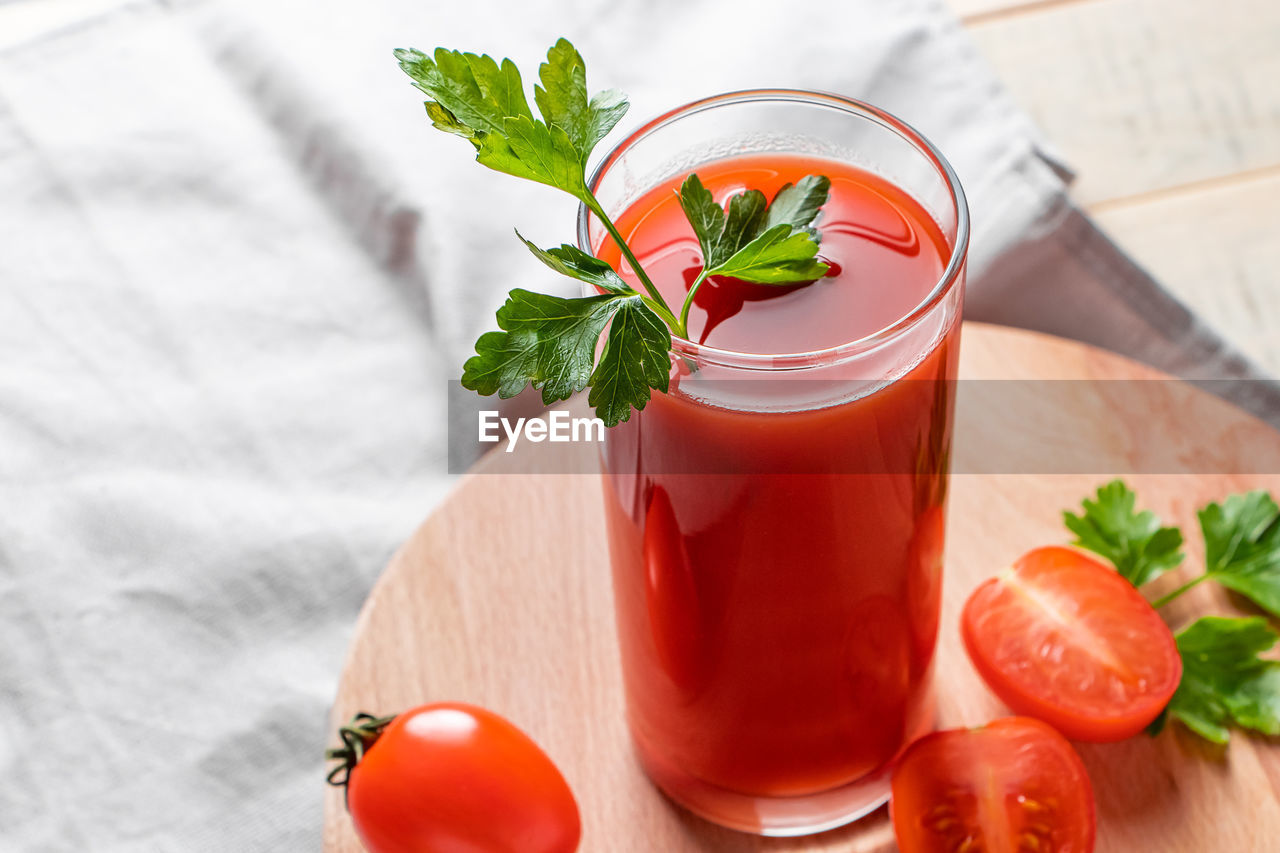 high angle view of drink and juice on table