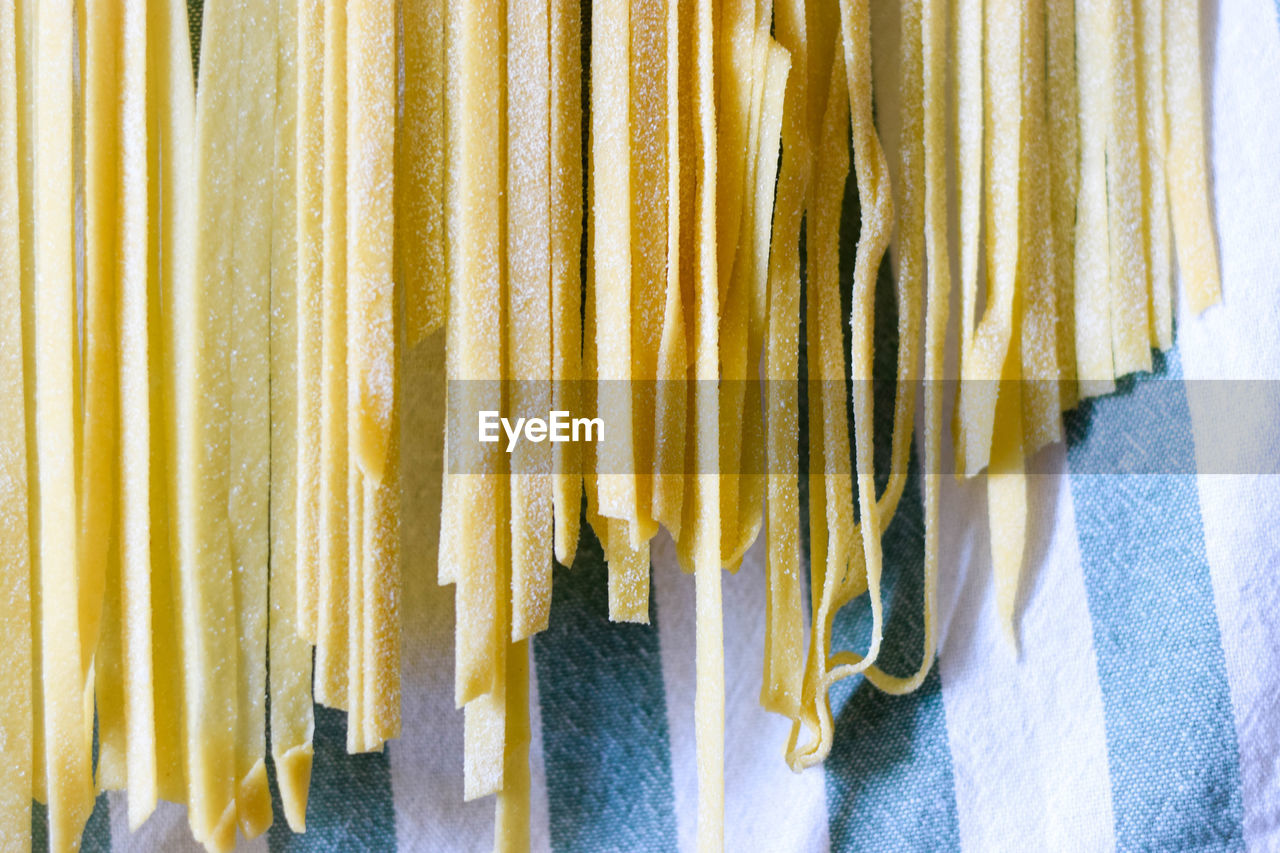 HIGH ANGLE VIEW OF CLOTHES DRYING AGAINST YELLOW WALL