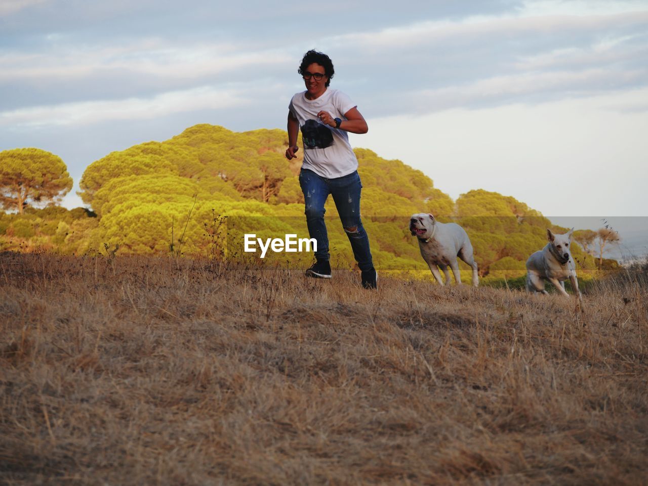 Man running in a field with dogs