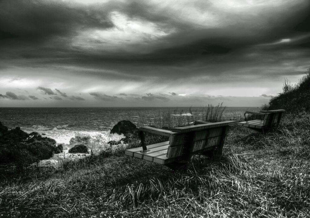 Benches at shore on beach